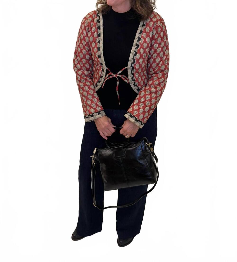 NEW MAHILA quilted cropped tie-front jacket in red block print